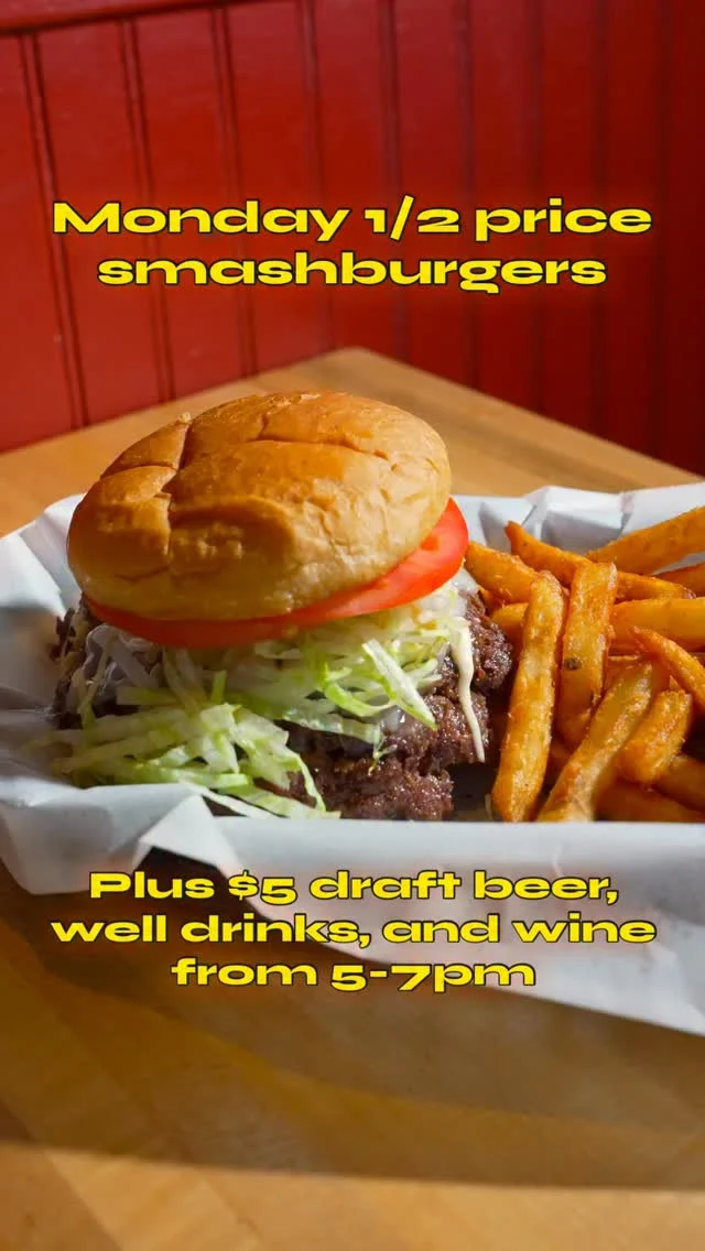 Monday blues called. We fixed them.Half price smash burgers all night 🍔Five dollar drafts, wells, and wine from five to seven 🍻See you tonight at 5 On Lawrence.